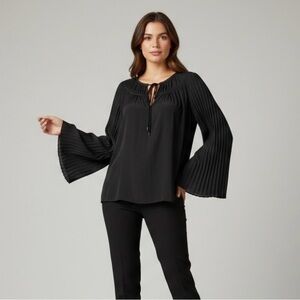 Ramy Brook Blouse Pleated Flared Bell Long Sleeve Tie V Neck Size M Black